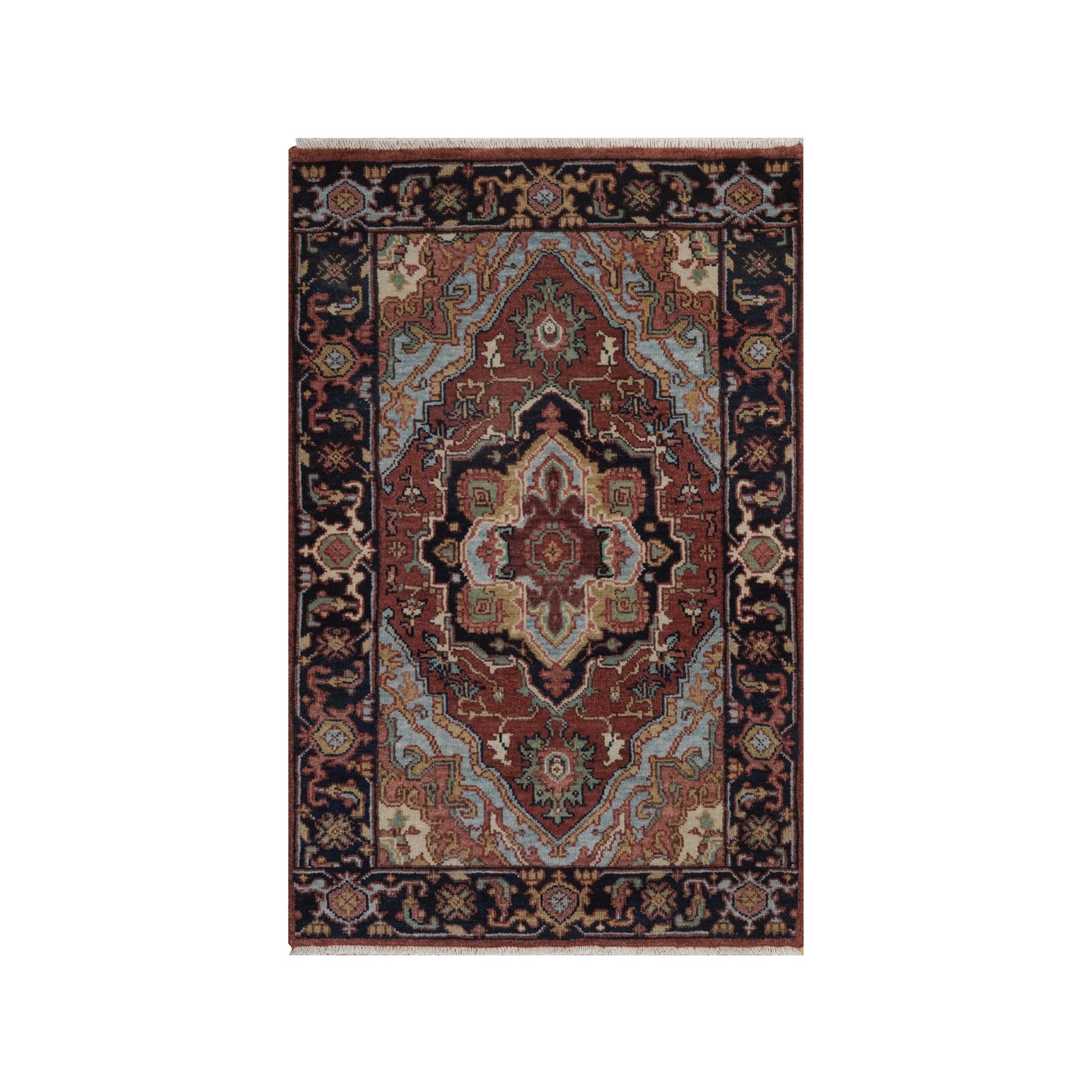 2'x3' Barn Red, Antiqued Fine Heriz Re-Creation, Medallion Design, Hand Knotted, Hand Spun New Zealand Wool, Denser Weave, Soft Pile, Vegetable Dyes, Mat, Sample, Oriental Rug 